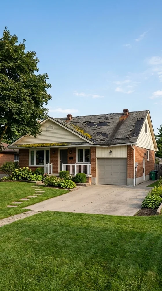 Before: the same house with a failing roof — bald patches, moss and rust streaks
