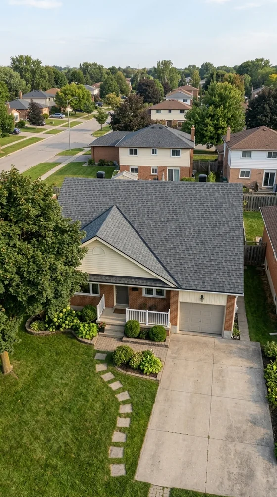After: drone shot of the finished roof in fresh dark shingles