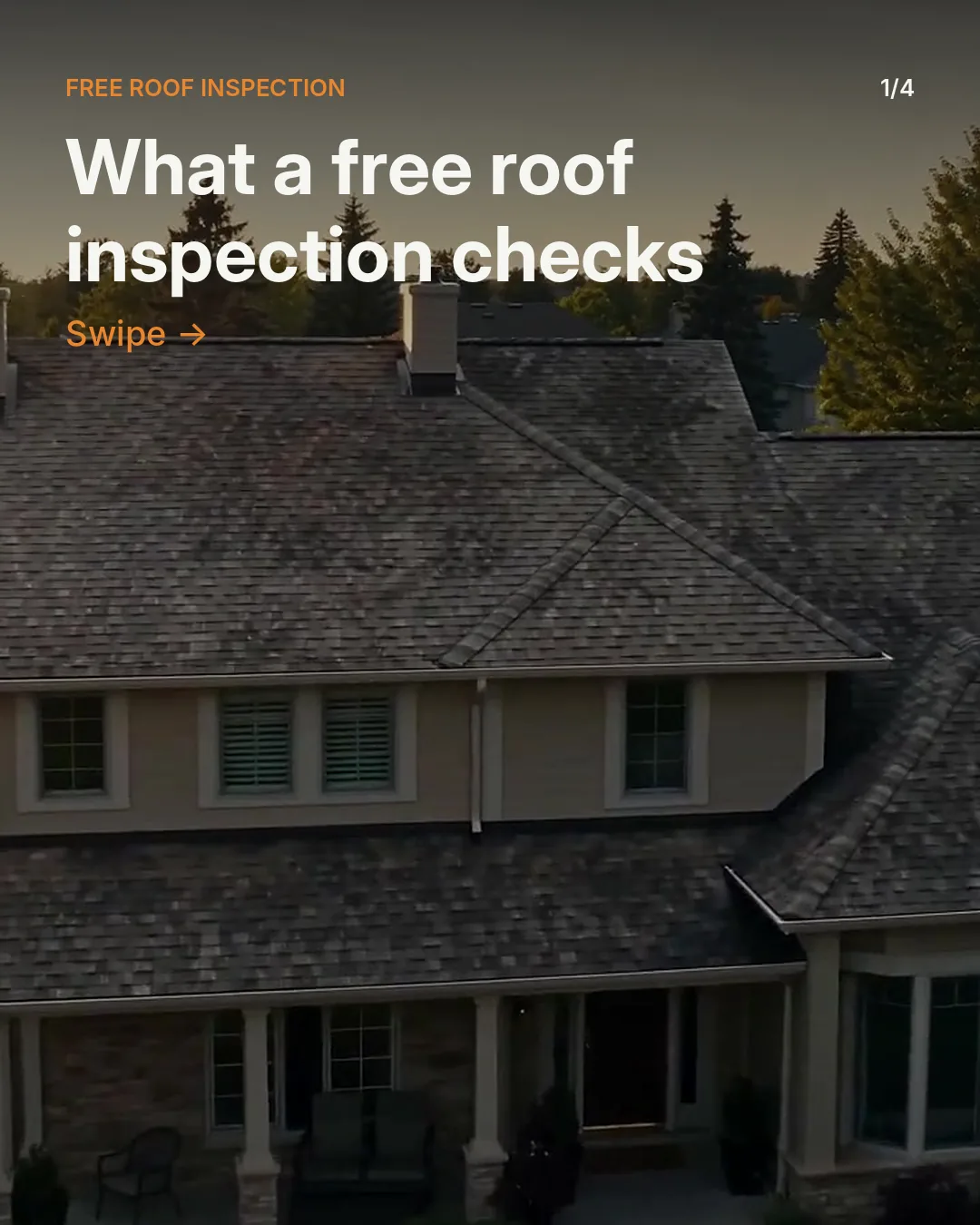 Carousel slide 1 of 4: "What a free roof inspection checks" over a worn roof
