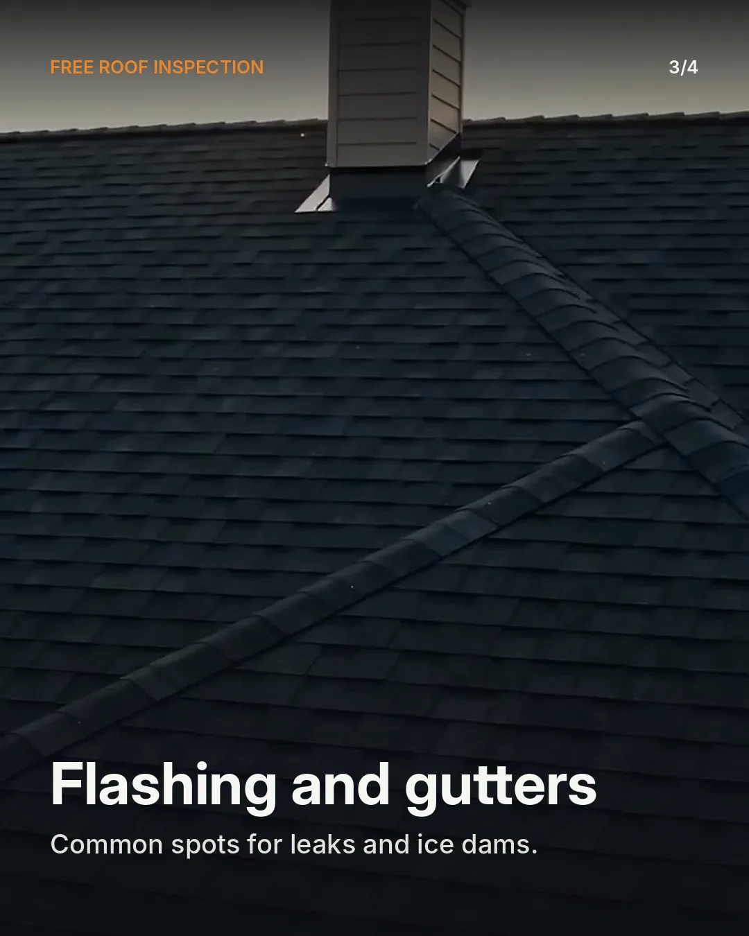Carousel slide 3 of 4: "Flashing and gutters. Common spots for leaks and ice dams."