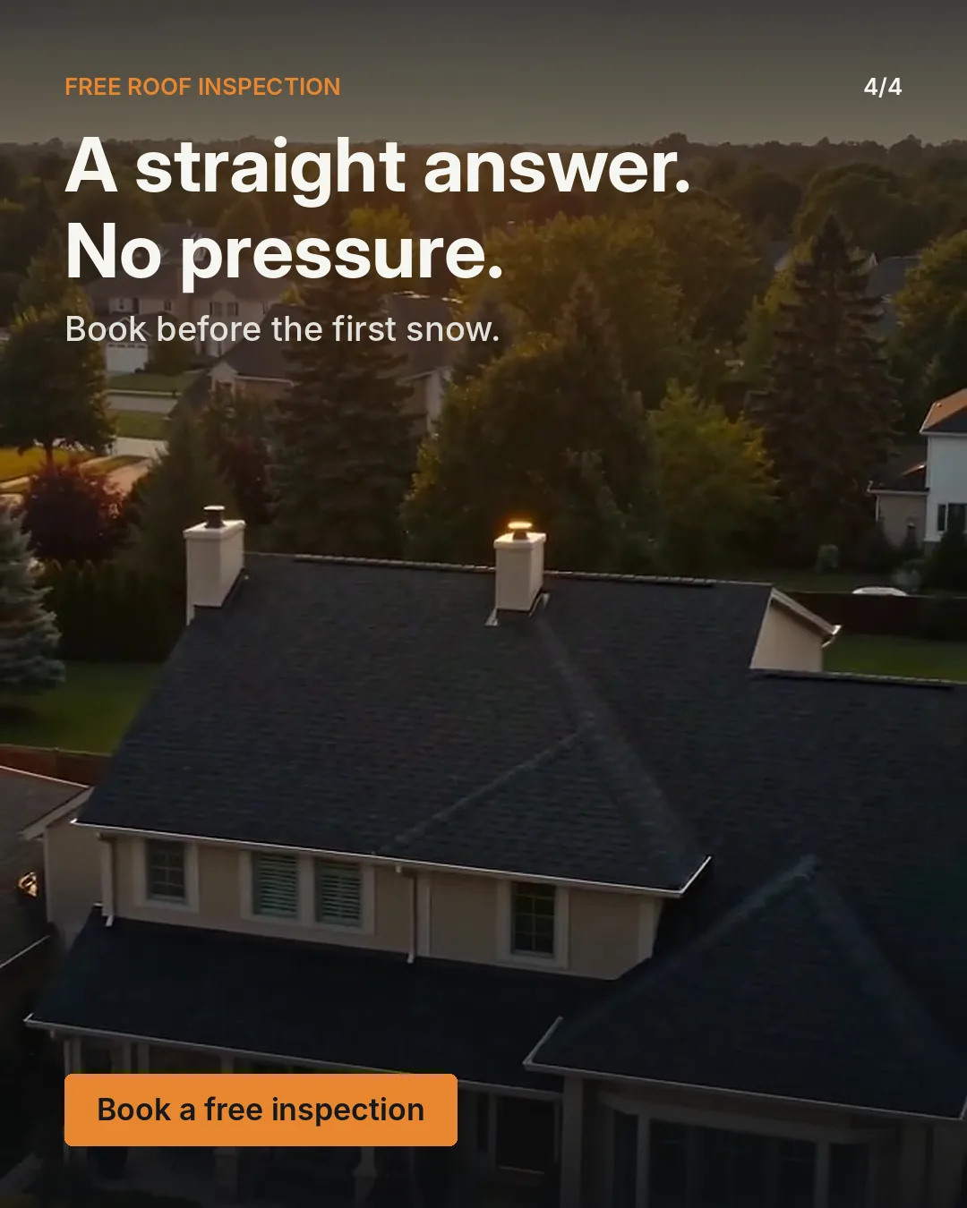Carousel slide 4 of 4: "A straight answer. No pressure. Book before the first snow."