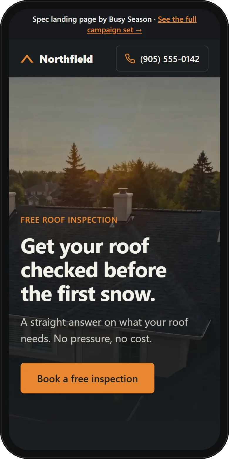 Landing page for the roofing campaign set, shown on a phone