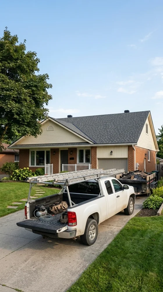 Cleanup: the work truck and trailer loaded with the old shingles, new roof done