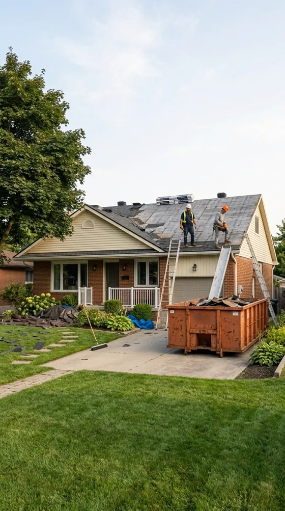 Mid-job: the roof stripped to the deck, crew working, dumpster in the driveway